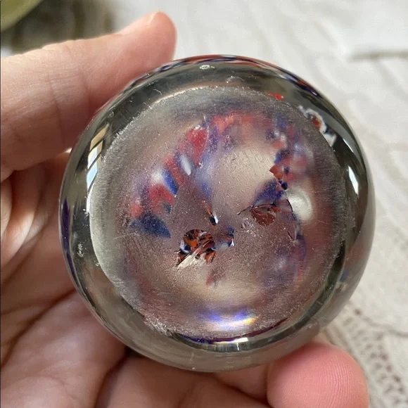 Abstract Glass Art Paperweight Sphere Dome- Red, Blue, and White flat bottom - Picture 5 of 12